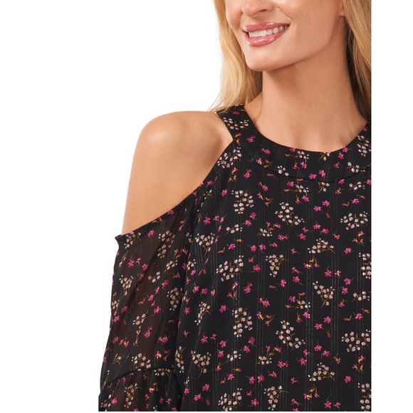 CeCe Cold Shoulder Black Floral Blouse with Lurex Accents LARGE NWT - Picture 3 of 8